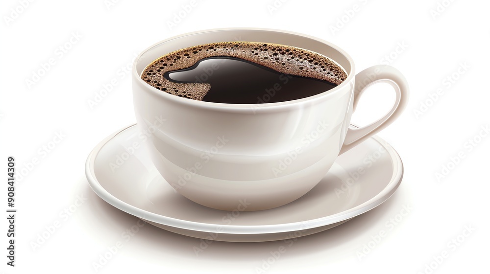 A white cup of coffee on a white saucer, with a shadow underneath. A white cup of coffee on a white saucer, with a shadow underneath.