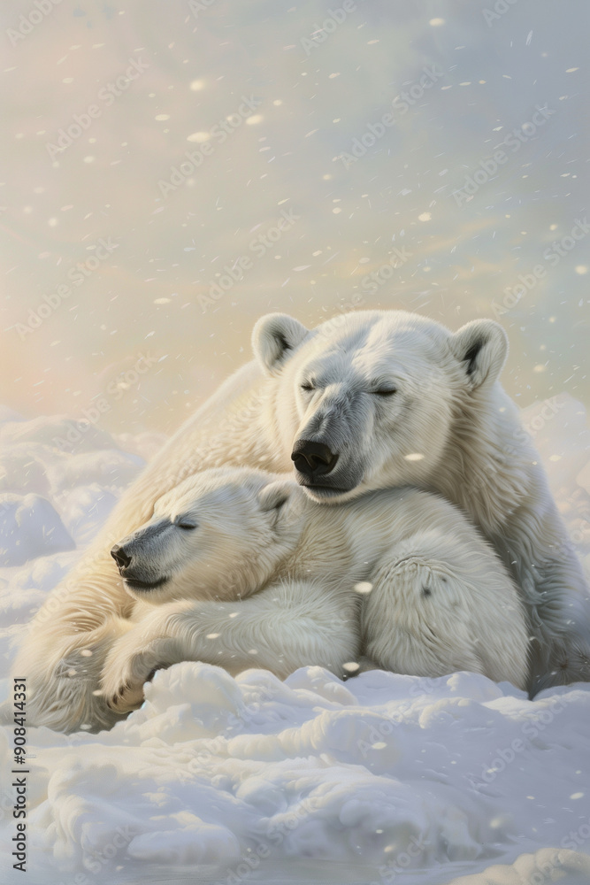 Polar bear mother and cub relaxing on clean, bright white snowfield under golden sunlight Polar bear mother and cub relaxing on clean, bright white snowfield under golden sunlight