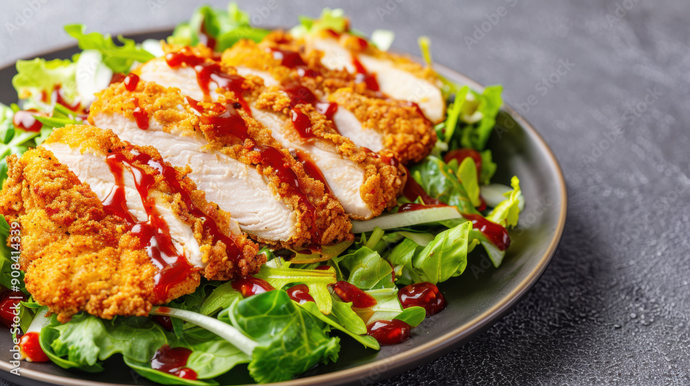Freshly made crispy fried chicken slices on a bed of leafy greens, drizzled with savory sauce, perfect for healthy lunch or dinner meal. Freshly made crispy fried chicken slices on a bed of leafy greens, drizzled with savory sauce, perfect for healthy lunch or dinner meal.
