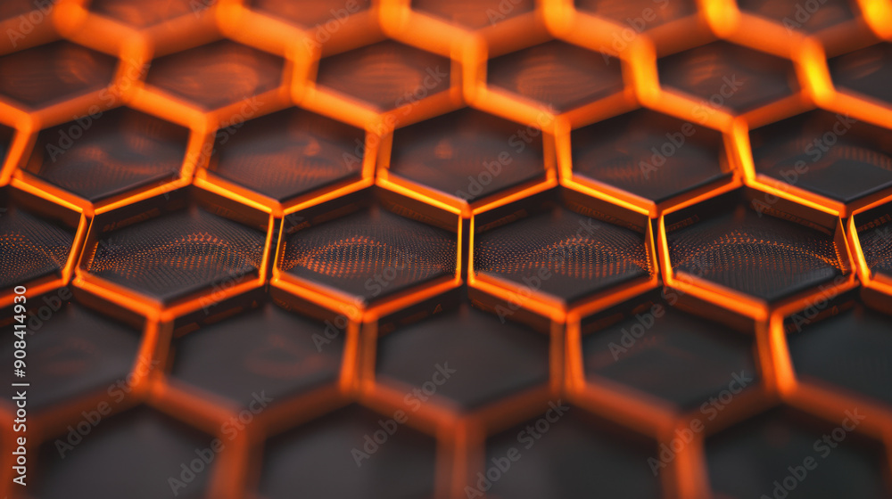Abstract close-up of illuminated hexagonal pattern with orange light, creating a futuristic and technological visual effect. Abstract close-up of illuminated hexagonal pattern with orange light, creating a futuristic and technological visual effect.
