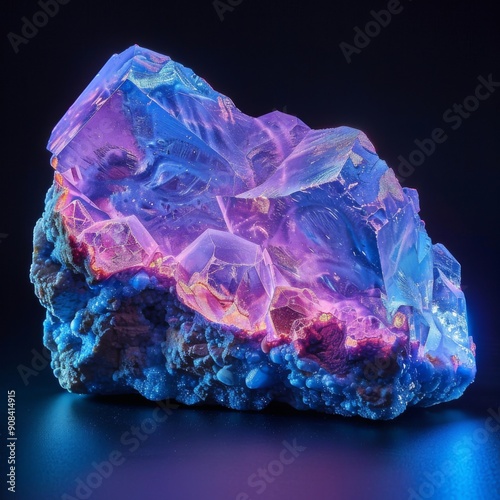 Fluorescent mineral stone glowing under UV light
