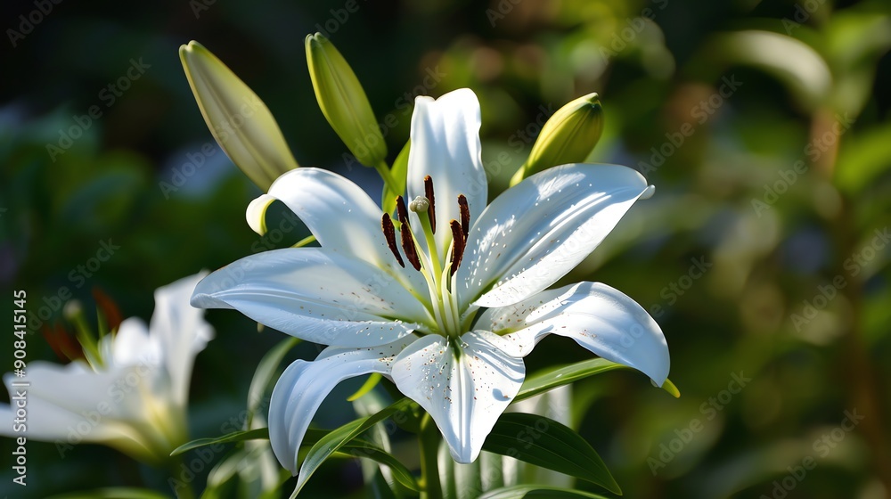Fototapeta premium A single white lily in bloom with buds in the background.
