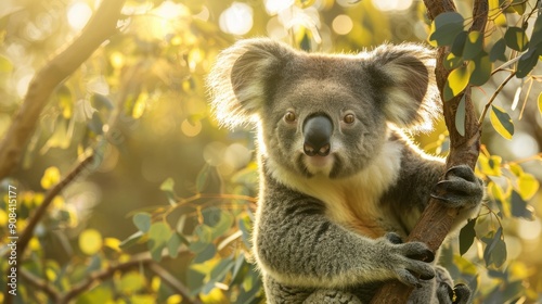 a koala in a tree, with its soft fur illuminated by the setting sun. Ideal for eco-tourism promotions and educational exhibits about Australian wildlife. photo