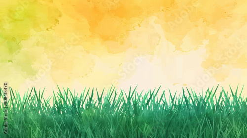 Vibrant watercolor of green grass against a warm yellow and orange sky. Perfect for spring or summer themed projects and backgrounds.