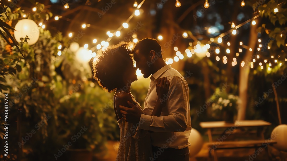 A couple slow dances under string lights in a garden.