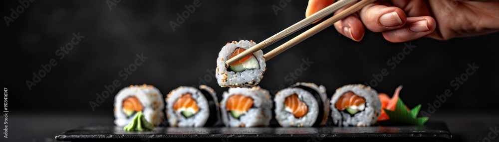 Close-up of a hand using chopsticks to pick up a sushi roll from a black tray, featuring a row of sushi pieces. Close-up of a hand using chopsticks to pick up a sushi roll from a black tray, featuring a row of sushi pieces.