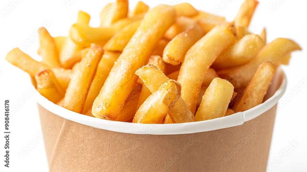 Fried Wafer Potato in paper bucket isolated on white background Fried wafer potato on white With clipping path : Generative AI