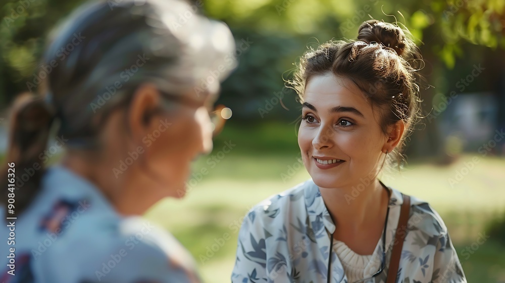 Portrait of female caregiver and senior woman Nurse and elderly woman enjoying a warm day in nursing home public park : Generative AI Portrait of female caregiver and senior woman Nurse and elderly woman enjoying a warm day in nursing home public park : Generative AI