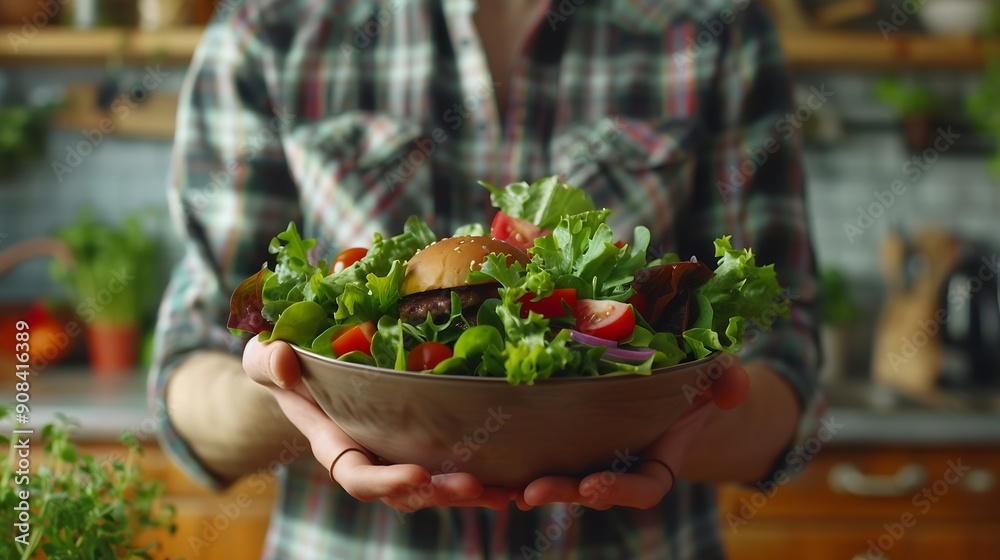 Man make decision between salad and burger Man think and make choice between health food vs fast food Healthy nutrition dieting eating disorder Modern kitchen interior Man look at sala : Generative AI Man make decision between salad and burger Man think and make choice between health food vs fast food Healthy nutrition dieting eating disorder Modern kitchen interior Man look at sala : Generative AI