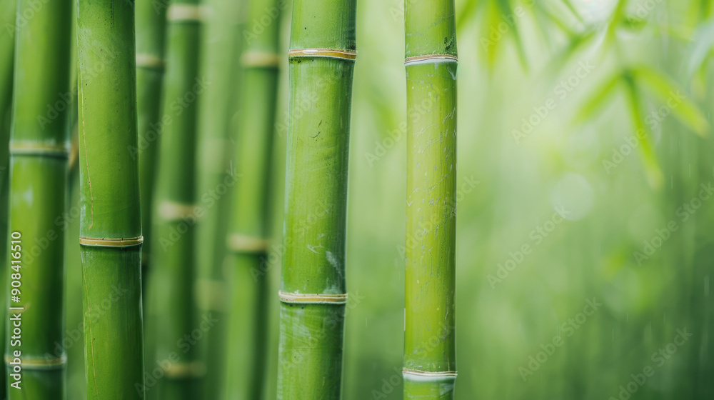 Close-up image of vibrant green bamboo stalks standing side by side, creating a serene and tranquil natural background.