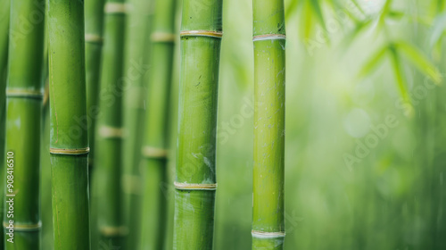 Close-up image of vibrant green bamboo stalks standing side by side, creating a serene and tranquil natural background.