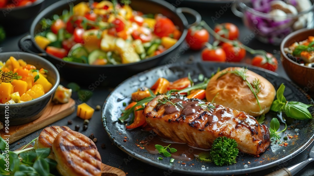 Grilled Salmon with Sauce and Side Dish, Food Photography Grilled Salmon with Sauce and Side Dish, Food Photography