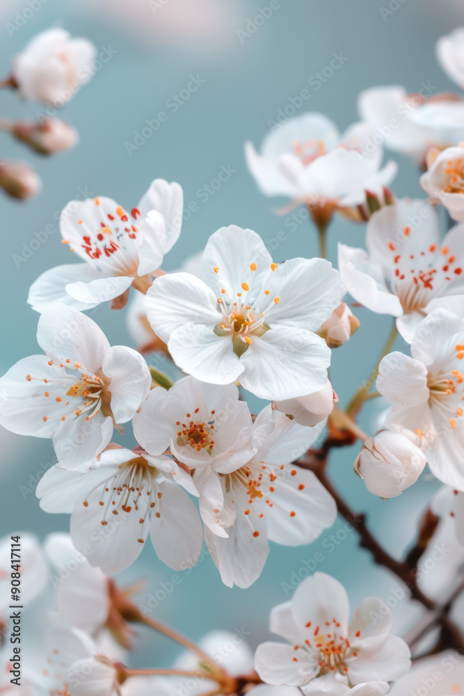 Beautiful close-up of blooming white cherry blossoms against a soft, pastel blue background. Perfect for springtime and nature-themed projects. Beautiful close-up of blooming white cherry blossoms against a soft, pastel blue background. Perfect for springtime and nature-themed projects.