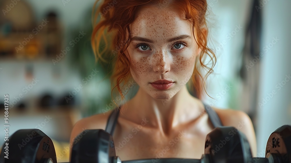 Beautiful redhead womans home workout routine with dumbbell Home fitness workout in living room sporty woman wearing sportswear : Generative AI Beautiful redhead womans home workout routine with dumbbell Home fitness workout in living room sporty woman wearing sportswear : Generative AI