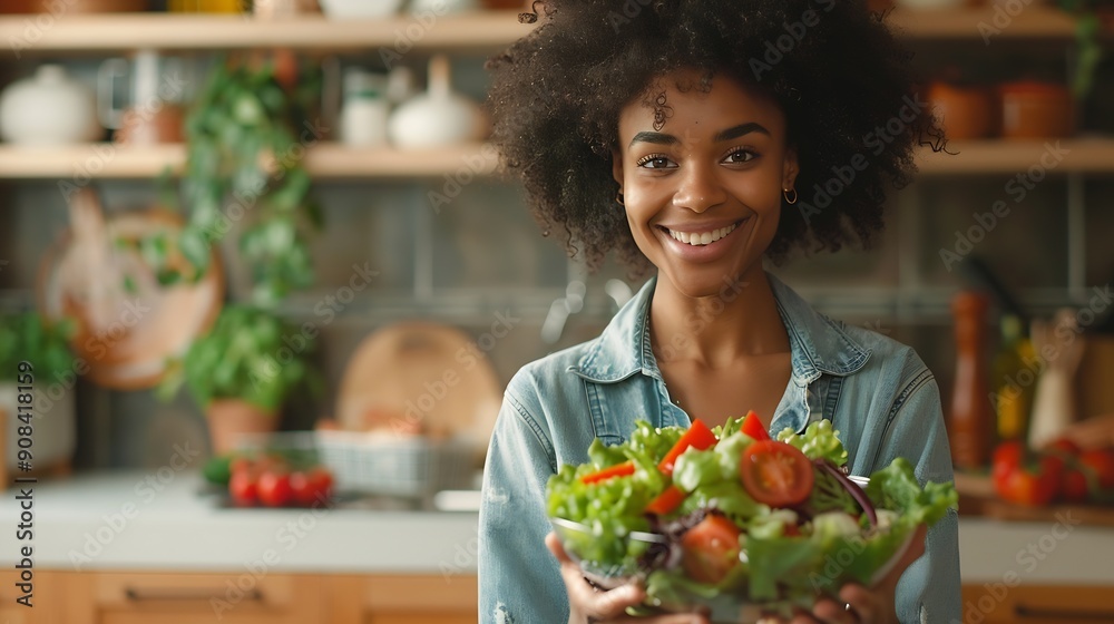 Healthy Eating Joyful African American Lady Enjoying Vegetable Salad Having Dinner Posing In Modern Kitchen At Home Nutrition For Slimming Weight Loss Food Recipes Concept : Generative AI Healthy Eating Joyful African American Lady Enjoying Vegetable Salad Having Dinner Posing In Modern Kitchen At Home Nutrition For Slimming Weight Loss Food Recipes Concept : Generative AI