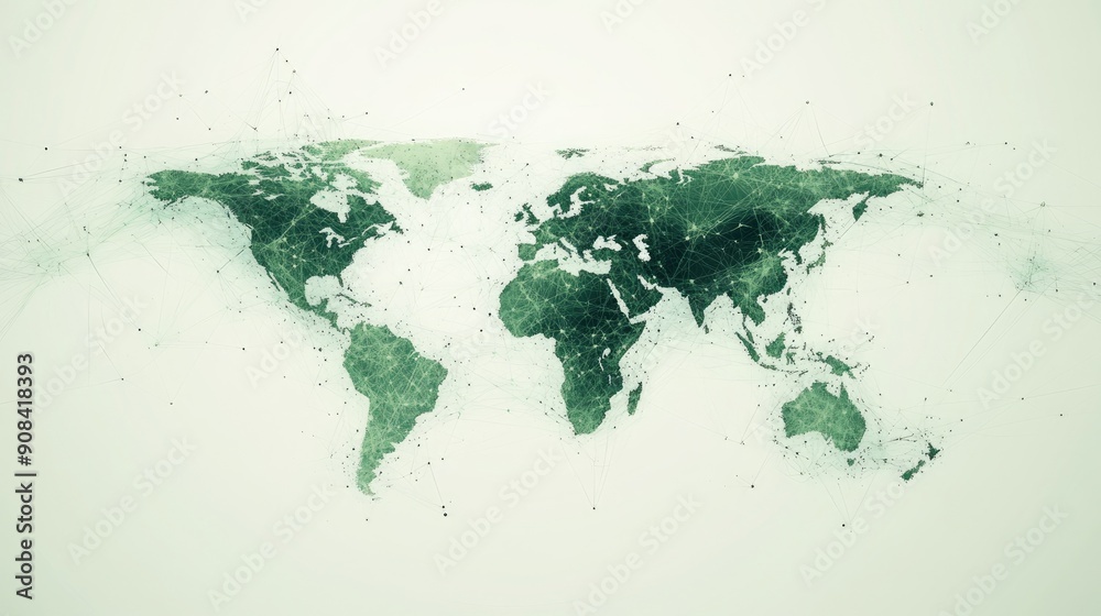 An abstract representation of a world map made up of interconnected lines and nodes, representing a network of international pension funds and investment flows, with a sleek, modern design in shades An abstract representation of a world map made up of interconnected lines and nodes, representing a network of international pension funds and investment flows, with a sleek, modern design in shades