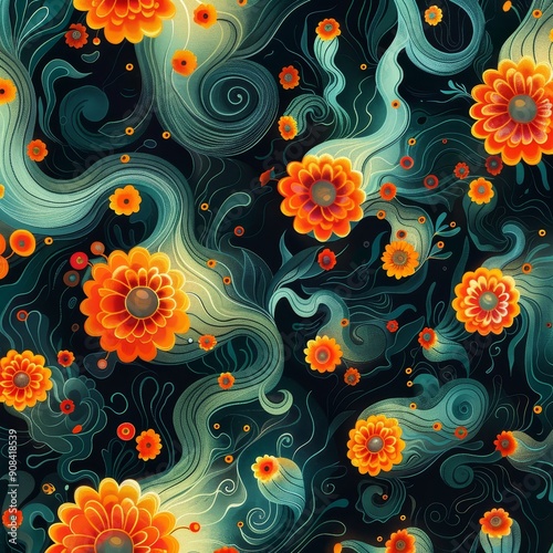 Whimsical Floral Pattern in Teal and Orange