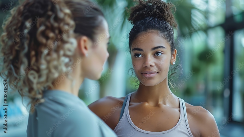 Trainer in a health center helps woman perform stretching exercises : Generative AI Trainer in a health center helps woman perform stretching exercises : Generative AI