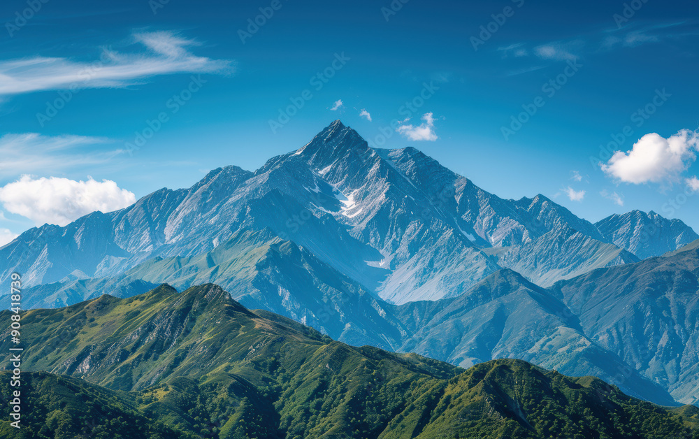Breathtaking view of a majestic mountain range under a clear blue sky with lush green hills in the foreground. Breathtaking view of a majestic mountain range under a clear blue sky with lush green hills in the foreground.