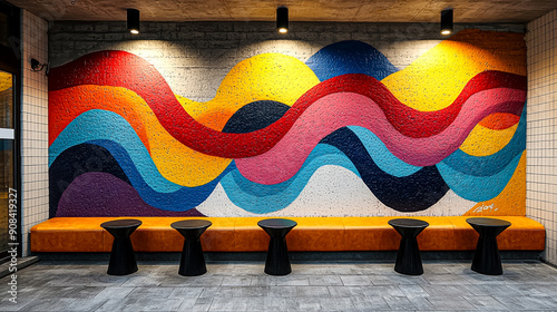 A colorful mural with a wave pattern is on the wall