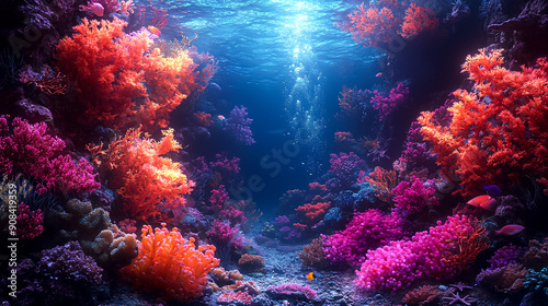 A colorful underwater scene with a variety of fish and coral