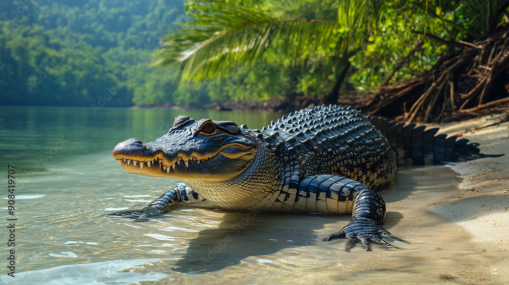 Fototapeta premium Philippine Crocodile Basking on a Riverbank in the Jungle