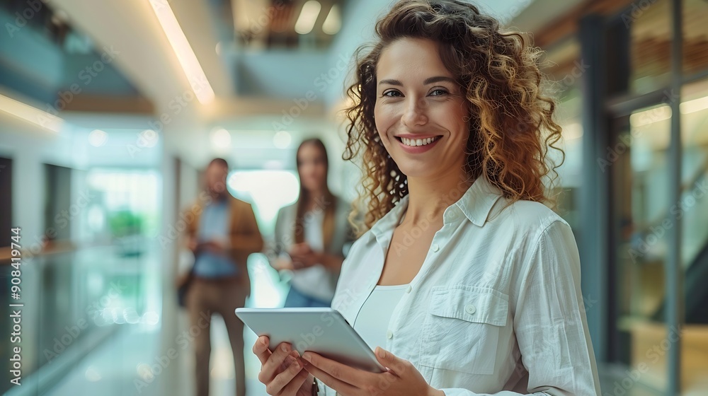 Business people with digital tablet in office corridor : Generative AI Business people with digital tablet in office corridor : Generative AI