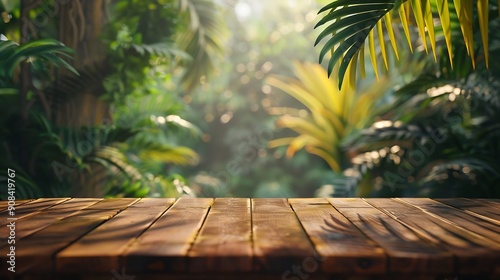 Wood tabletop podium floor in outdoors tropical garden forest blurred green leaf plant nature backgroundNatural product placement pedestal stand displayjungle paradise concept : Generative AI photo