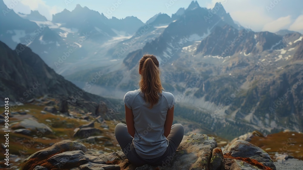 Naklejka premium Mental healthHealing Reflectionsselfcare selflove A woman films herself against background mountains in naturewellnessreducing stressSelf Acceptance : Generative AI