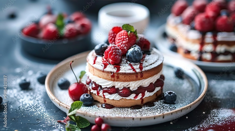 Delicious Raspberry and Blueberry Cake with Whipped Cream, a Stunning Food Photography Delicious Raspberry and Blueberry Cake with Whipped Cream, a Stunning Food Photography