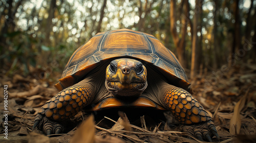 Ploughshare Tortoise Crawling in Dry Forest photo