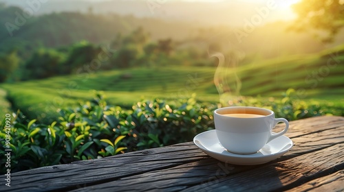 White cup of hot coffee on wooden table with tea plantation with sunlight background : Generative AI