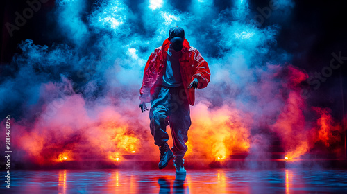 A man in a red jacket is dancing in front of a blue and orange smoke screen