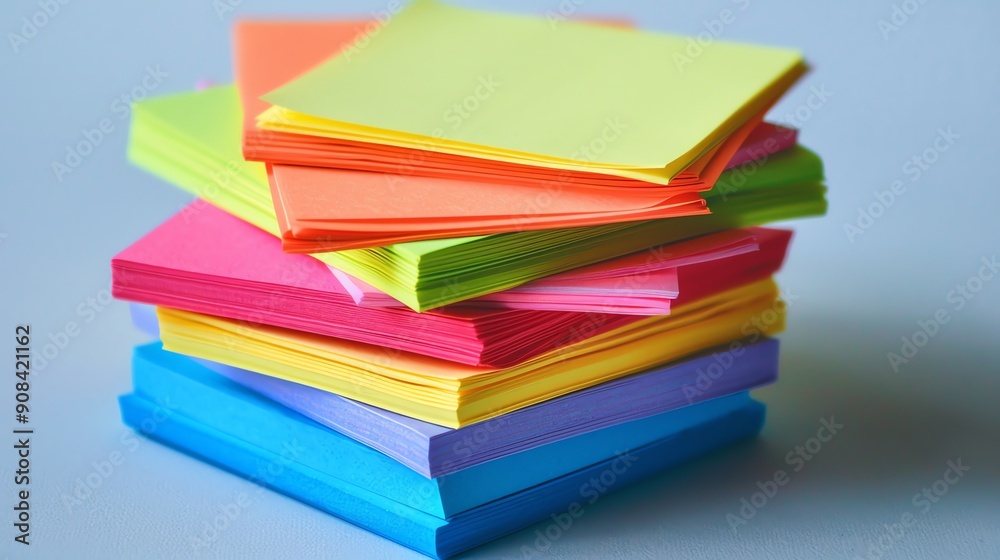 A stack of colorful sticky notes on a blue background. A stack of colorful sticky notes on a blue background.