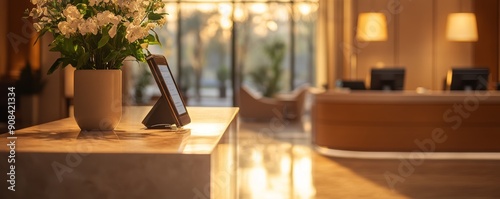 Elegant hotel lobby with warm lighting, a decorative flower arrangement, and a sleek reception desk inviting guests.