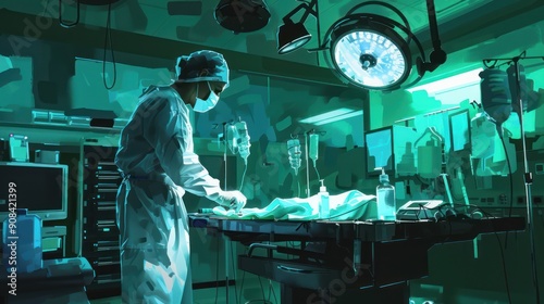 Surgeon in the operating room wear head masks and medical gowns. Operating surgery lamp light.