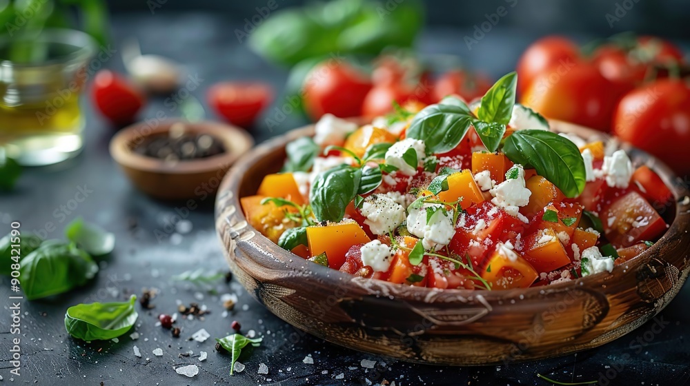 Fresh Tomato and Feta Salad with Basil in Wooden Bowl - Food Photography