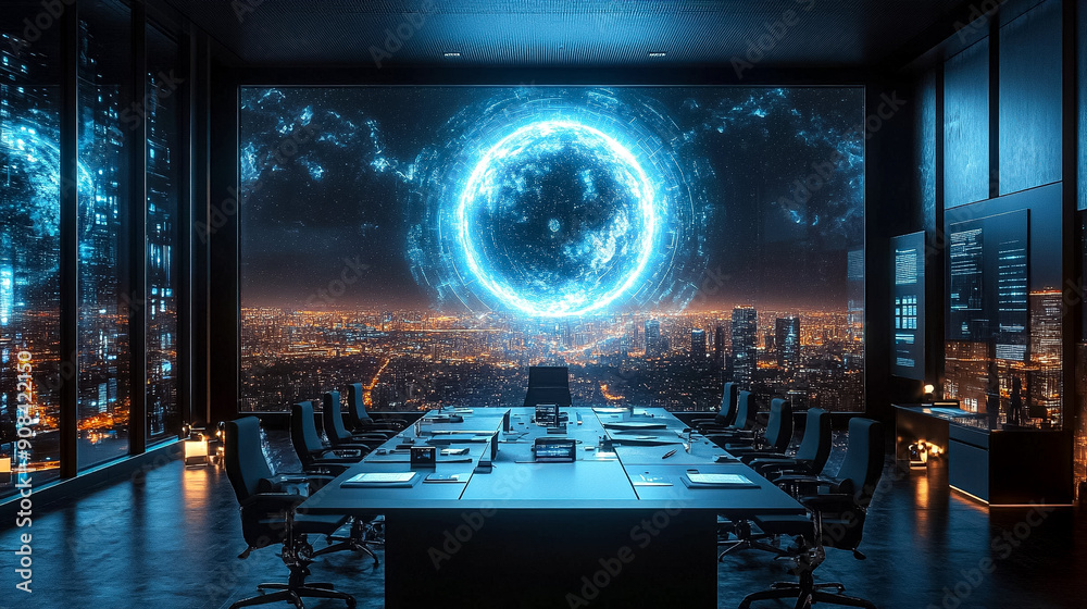 A large, glowing orb is projected onto a wall in a room with a large table A large, glowing orb is projected onto a wall in a room with a large table