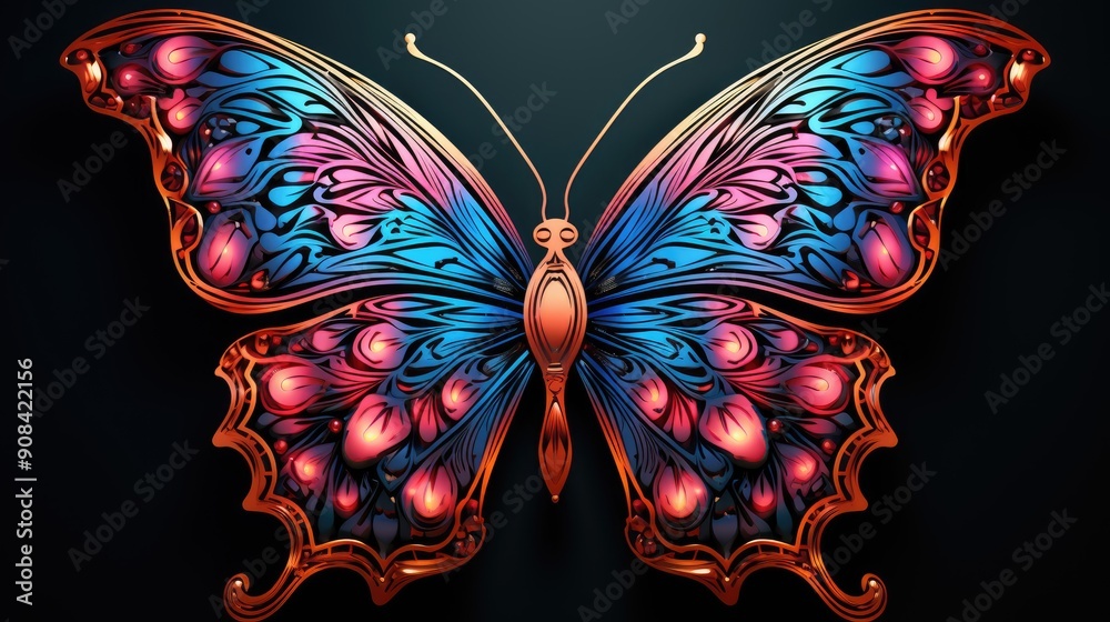 Abstract neon butterfly on a dark wall. 3D illustration. Abstract neon butterfly on a dark wall. 3D illustration.