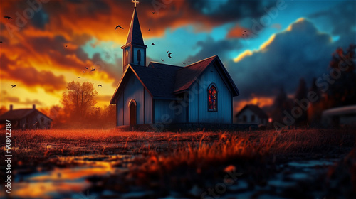 Illustration of a small church on a hill