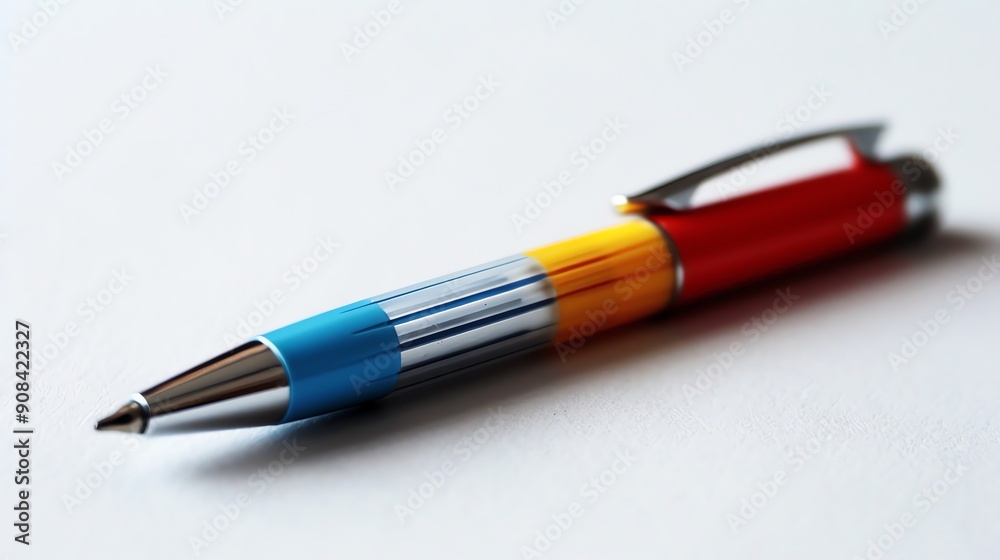 A blue, yellow, and red pen lying on a white surface. A blue, yellow, and red pen lying on a white surface.
