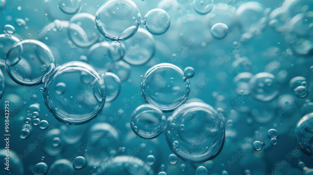 Close-up of transparent bubbles of various sizes floating in clear blue water, creating a serene and calming underwater scene. Close-up of transparent bubbles of various sizes floating in clear blue water, creating a serene and calming underwater scene.