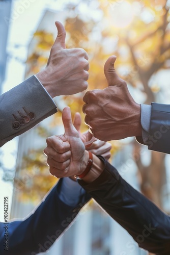 A diverse group of individuals gather outdoors, celebrating a collaborative achievement with a thumbs up gesture, emphasizing unity and success.