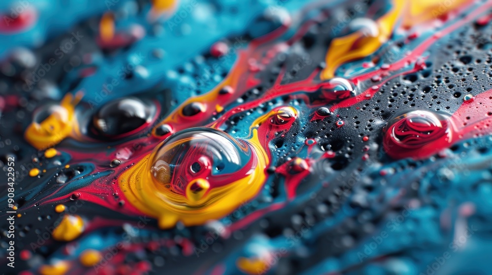 Fototapeta premium Colorful abstract painting with vivid splashes of blue, yellow, and red on a textured surface, showcasing dynamic artistic expression.