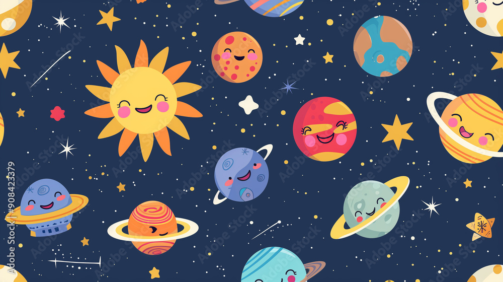 Cute cartoon planets with smiling faces in a playful space-themed pattern Cute cartoon planets with smiling faces in a playful space-themed pattern