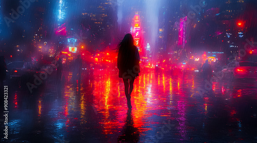 A woman walks down a street in the rain