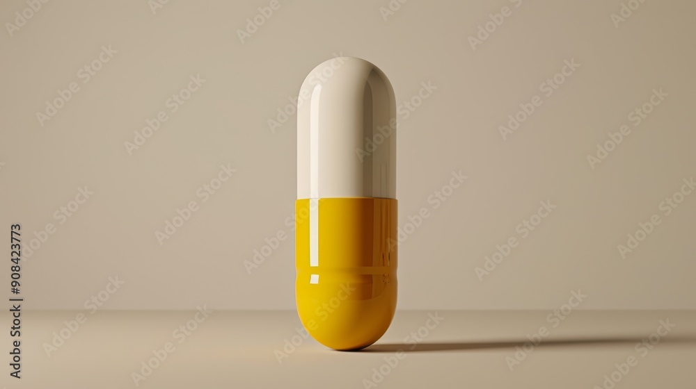 In minimalist product photography, a white and yellow capsule pill with modernist design is elegantly displayed against a light white background. In minimalist product photography, a white and yellow capsule pill with modernist design is elegantly displayed against a light white background.