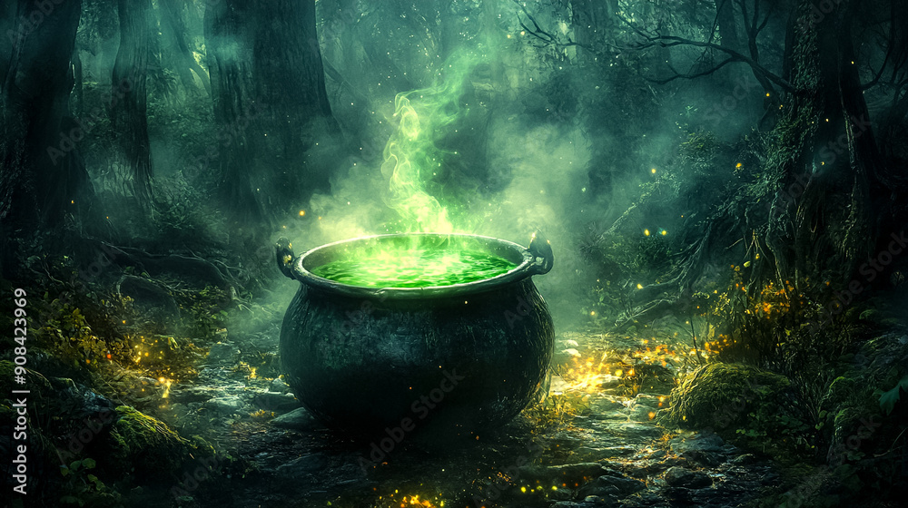 A green cauldron with a green liquid inside A green cauldron with a green liquid inside