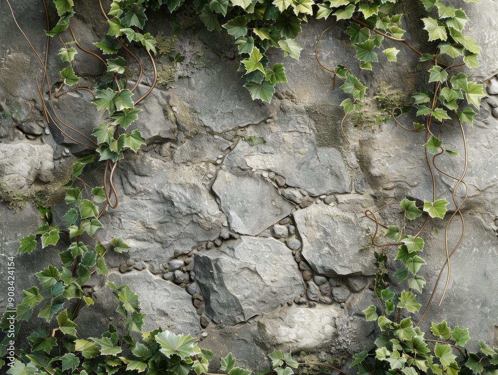 Textured stone wall with climbing ivy and natural decor Textured stone wall with climbing ivy and natural decor