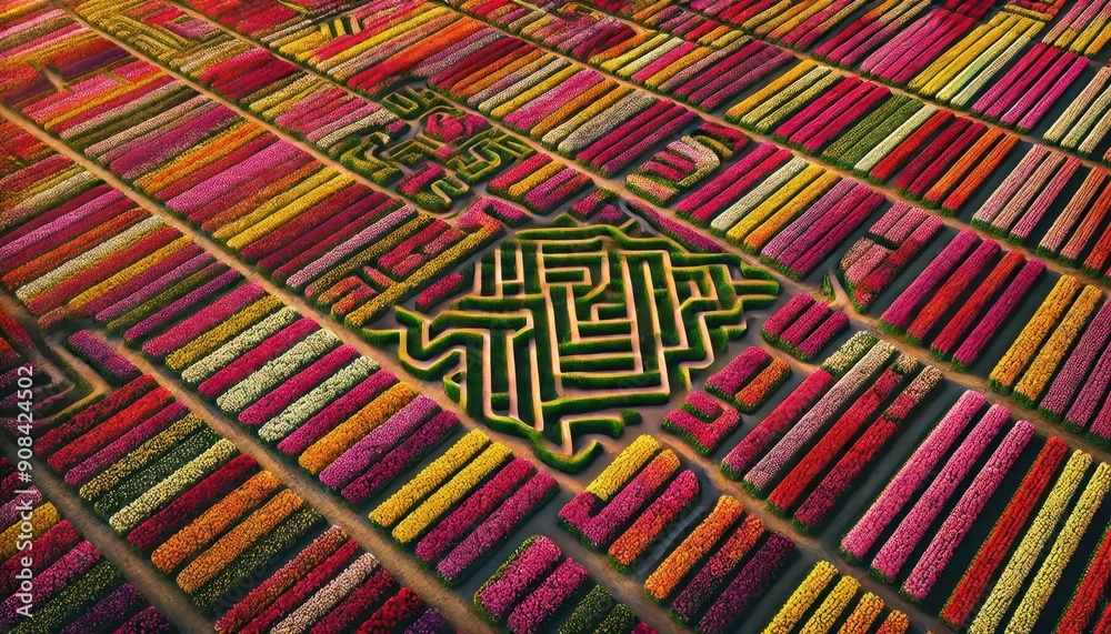 Aerial View of a Colorful Flower Maze in a Field of Blooming Flowers. Aerial View of a Colorful Flower Maze in a Field of Blooming Flowers.